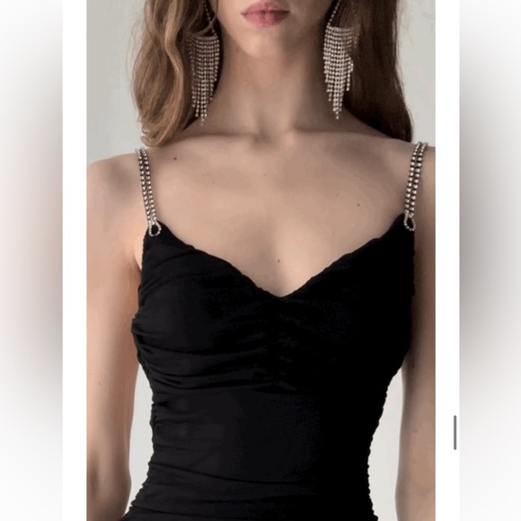 Vintage 90’s Dress Metal Diamond Rhinestone Backless Dress Maxi Black Slip Prom - Picture 6 of 17